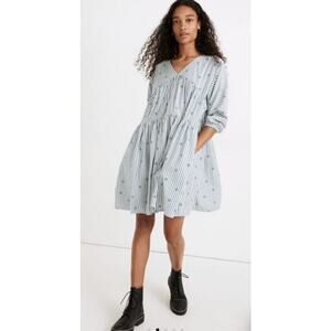 Madewell v-neck tiered mini dress coastal blue women's size M